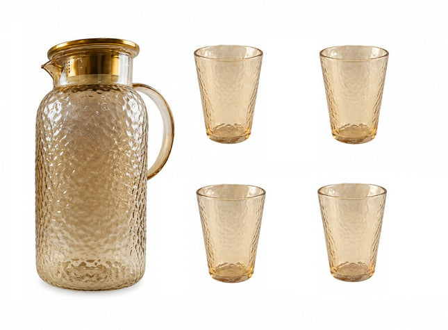 Jarra de Vidrio con 4 Vasos  – Set para Agua, Jugos, Limonada y Bebidas Frías – Elegante y Resistente