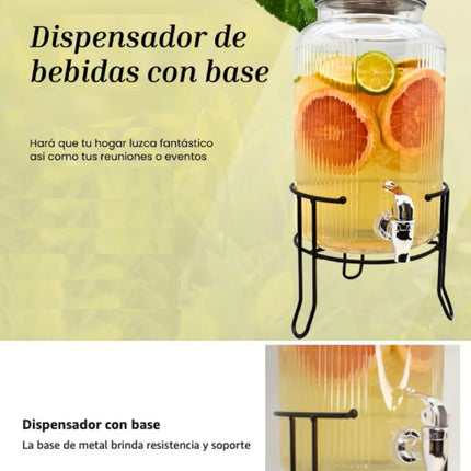 Dispensador de Vidrio Transparente 8 Litros con Base de Metal y Llave – Ideal para Agua, Jugos, Limonadas y Bebidas Frías