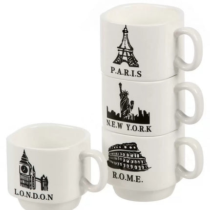 Set de 4 Tazas de Cerámica con Soporte Metálico, Diseño de Ciudades, 24 x 10 cm para Café, Té y Chocolate