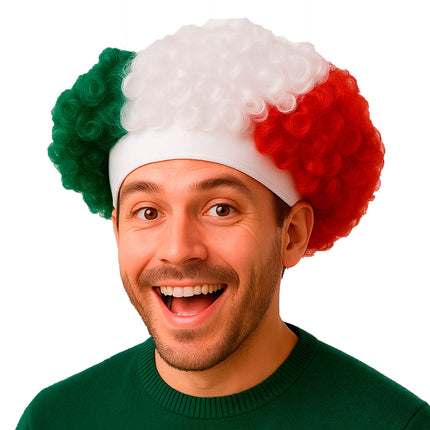 Pack 12. Pelucas Tricolor con Rizos Verde, Blanco y Rojo – Ajuste Elástico, Ideal para Eventos y Mundial