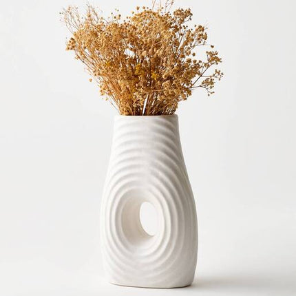 Florero Decorativo de Cerámica Blanca 28 cm – Jarrón Moderno con Diseño Circular para Flores y Decoración del Hogar