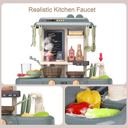 Juego de Cocina para Niños con Sonidos y Luces Reales, Fregadero de Juguete, Estufa de Vapor, Regalo de Cumpleaños para Niños