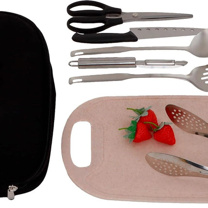 Set de Utensilios de Cocina 8 Piezas Acero Inoxidable con Estuche Organizador para Campamento, Juego de Viaje, portátil, Kit de Viaje