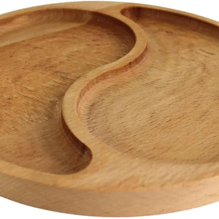 Charola de Madera de Bambú 25 cm Redonda con 2 Compartimentos, Bandeja para Botanas, Aperitivos y Sushi