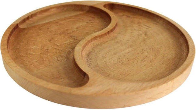 Charola de Madera de Bambú 25 cm Redonda con 2 Compartimentos, Bandeja para Botanas, Aperitivos y Sushi