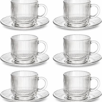 Juego de 12 Piezas de Vidrio para Café | 6 Tazas de 150 ml con 6 Platos | Tazas Transparentes para Espresso, Café y Té