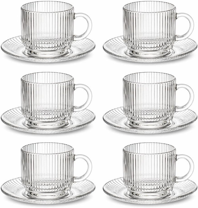 Juego de 12 Piezas de Vidrio para Café | 6 Tazas de 150 ml con 6 Platos | Tazas Transparentes para Espresso, Café y Té