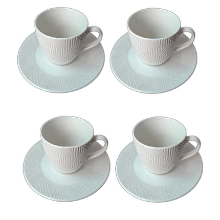 Juego de 4 Tazas de Cerámica con 4 Platos para Café, Diseño Texturizado Blanco, Set de 8 Piezas