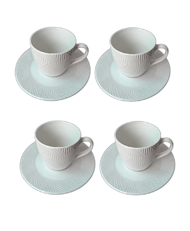 Juego de 4 Tazas de Cerámica con 4 Platos para Café, Diseño Texturizado Blanco, Set de 8 Piezas