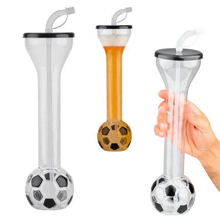 6 Botellas deportiva de 600 ML, vaso futbolero de plástico resistente 30 cm para bebidas frías y eventos | Yarda en forma de balón de soccer con tapa y popote