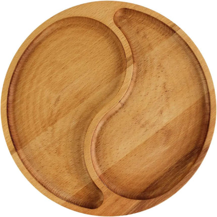 Charola de Madera de Bambú 25 cm Redonda con 2 Compartimentos, Bandeja para Botanas, Aperitivos y Sushi
