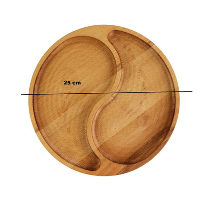 Charola de Madera de Bambú 25 cm Redonda con 2 Compartimentos, Bandeja para Botanas, Aperitivos y Sushi