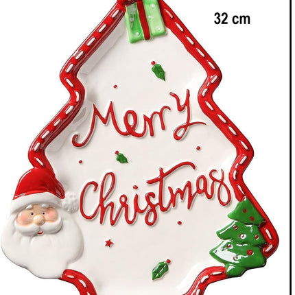 Plato Navideño en Forma de Árbol con Santa Claus, Cerámica, 32 cm
