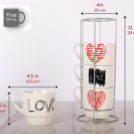 Set de 4 Tazas de Cerámica con Soporte Metálico, Diseño Love, 24 x 10 cm para Café, Té, Chocolate e Infusiones