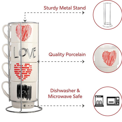 Set de 4 Tazas de Cerámica con Soporte Metálico, Diseño Love, 24 x 10 cm para Café, Té, Chocolate e Infusiones