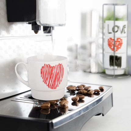 Set de 4 Tazas de Cerámica con Soporte Metálico, Diseño Love, 24 x 10 cm para Café, Té, Chocolate e Infusiones