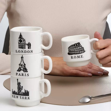 Set de 4 Tazas de Cerámica con Soporte Metálico, Diseño de Ciudades, 24 x 10 cm para Café, Té y Chocolate