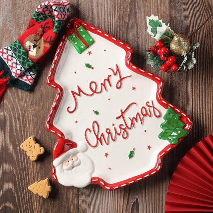 Plato Navideño en Forma de Árbol con Santa Claus, Cerámica, 32 cm