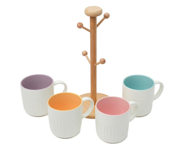 Juego de 4 Tazas de Cerámica Blanca 12 oz con Interior en Colores Pastel y Organizador de Bambú, Tarros para Café, Té, Oficina y Hogar
