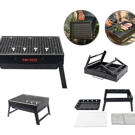 Asador Portátil Plegable para Carbón con Parrilla Cromada, Charola y Rejilla para Carbón, Patas Plegables, Asa de Transporte, Ideal para Camping, Picnic y Jardín