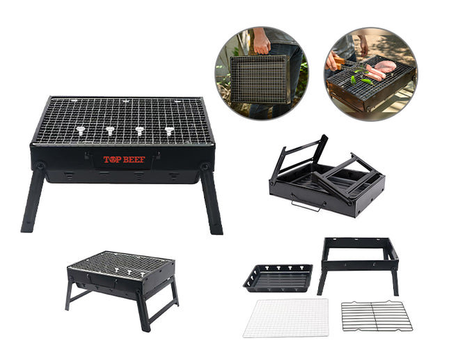 Asador Portátil Plegable para Carbón con Parrilla Cromada, Charola y Rejilla para Carbón, Patas Plegables, Asa de Transporte, Ideal para Camping, Picnic y Jardín