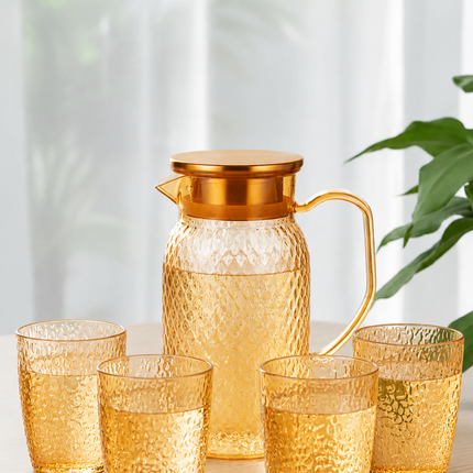 Jarra de Vidrio con 4 Vasos  – Set para Agua, Jugos, Limonada y Bebidas Frías – Elegante y Resistente