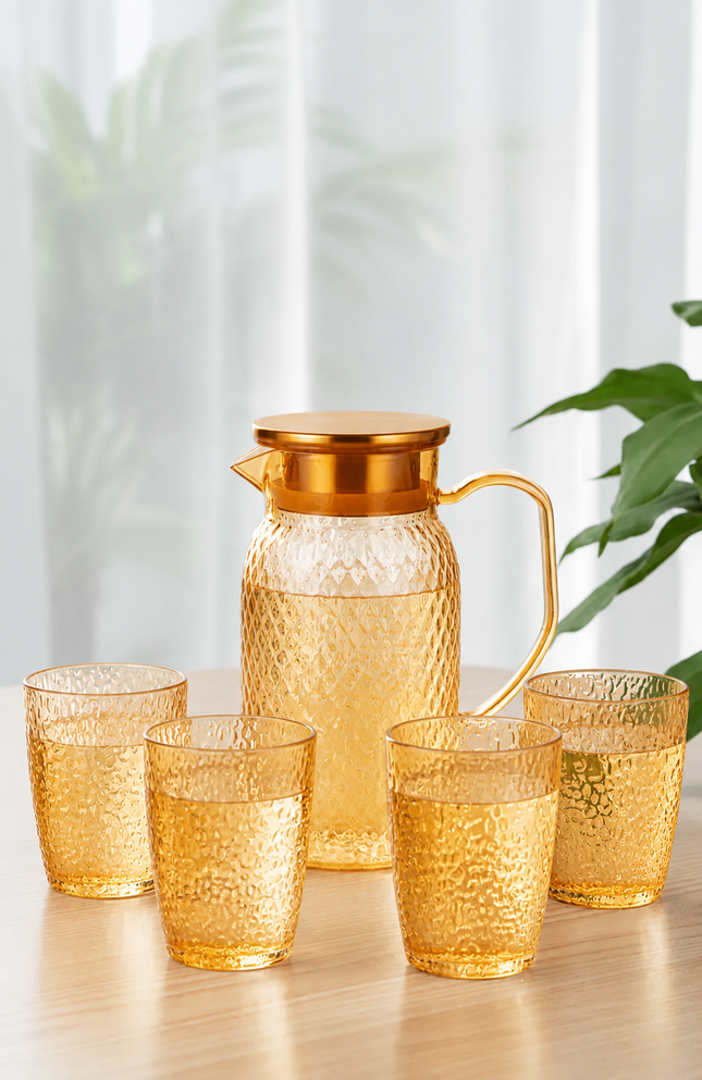 Jarra de Vidrio con 4 Vasos  – Set para Agua, Jugos, Limonada y Bebidas Frías – Elegante y Resistente