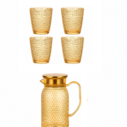 Jarra de Vidrio con 4 Vasos  – Set para Agua, Jugos, Limonada y Bebidas Frías – Elegante y Resistente