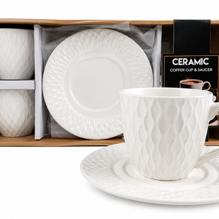 Juego de 4 Tazas de Cerámica con 4 Platos para Café, Diseño Texturizado Blanco, Set de 8 Piezas