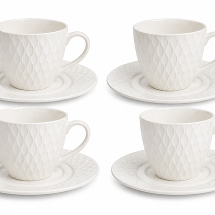 Juego de 4 Tazas de Cerámica con 4 Platos para Café, Diseño Texturizado Blanco, Set de 8 Piezas