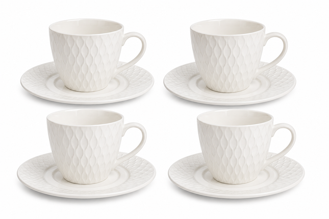 Juego de 4 Tazas de Cerámica con 4 Platos para Café, Diseño Texturizado Blanco, Set de 8 Piezas
