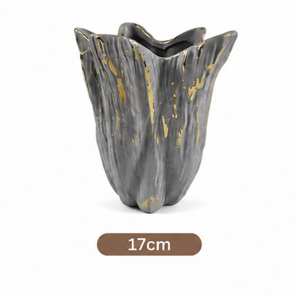 Jarrón Decorativo de Cerámica Gris con Detalles Dorados, Diseño Artesanal Moderno, Florero para Sala, Comedor u Oficina, 17 cm