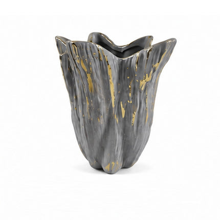 Jarrón Decorativo de Cerámica Gris con Detalles Dorados, Diseño Artesanal Moderno, Florero para Sala, Comedor u Oficina, 17 cm