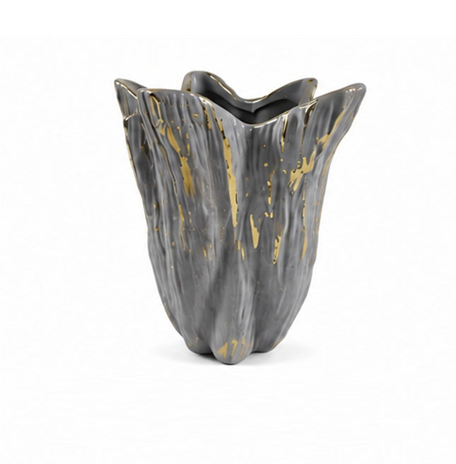 Jarrón Decorativo de Cerámica con Detalles Dorados, Diseño Artesanal Moderno, Florero para Sala, Comedor u Oficina, 17 cm