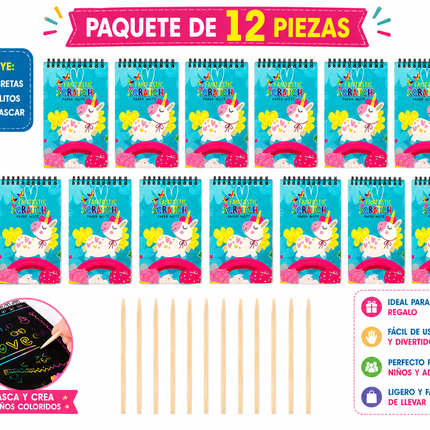 Libreta Scratch Art, Kit de Dibujo Scratch Para Niños, 12 pz Creatividad Artística, Cuaderno para rascar arcoiris