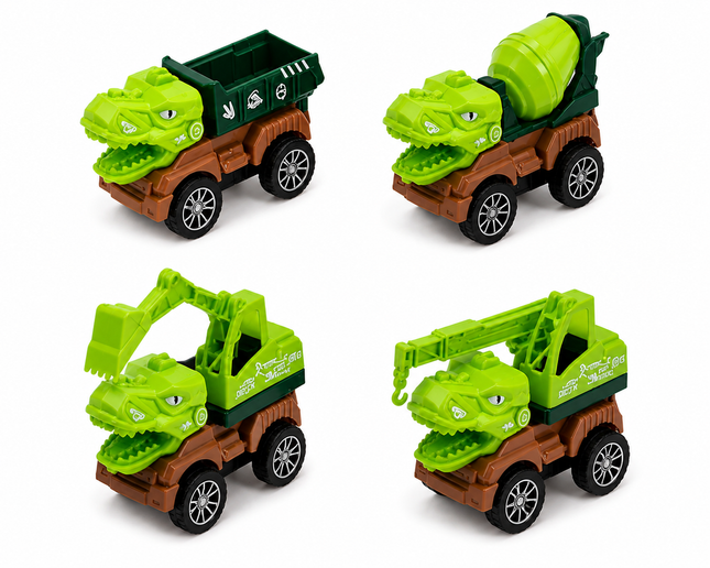 Set 4 Carros de Construcción Dinosaurio | Camiones de Juguete con Fricción para Niños 3+ Años