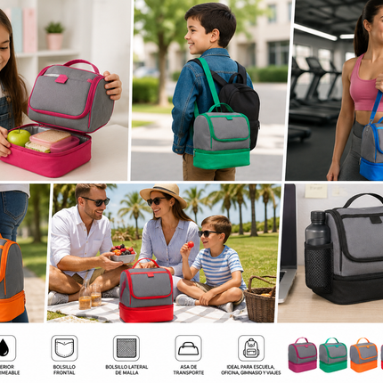 Lonchera Térmica Con 2 Compartimentos, Interior Impermeable, Bolsillo Frontal Y Lateral De Malla Para Escuela, Oficina Y Viajes