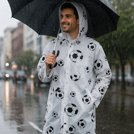 Impermeable Con Diseño De Balones De Soccer, Capucha Y Botones, Ideal Para Lluvia, Eventos Deportivos Y Mundial
