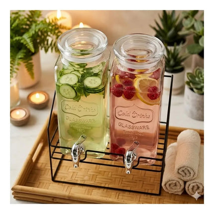 Dispensador de Bebidas de Vidrio de 1.6 Litros con Soporte Metálico y Llave, Set de 2 Frascos para Agua, Jugos y Bebidas