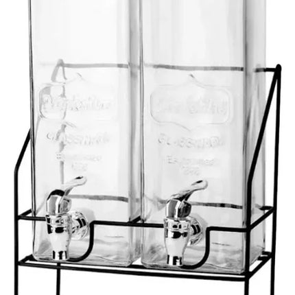 Dispensador de Bebidas de Vidrio de 1.6 Litros con Soporte Metálico y Llave, Set de 2 Frascos para Agua, Jugos y Bebidas
