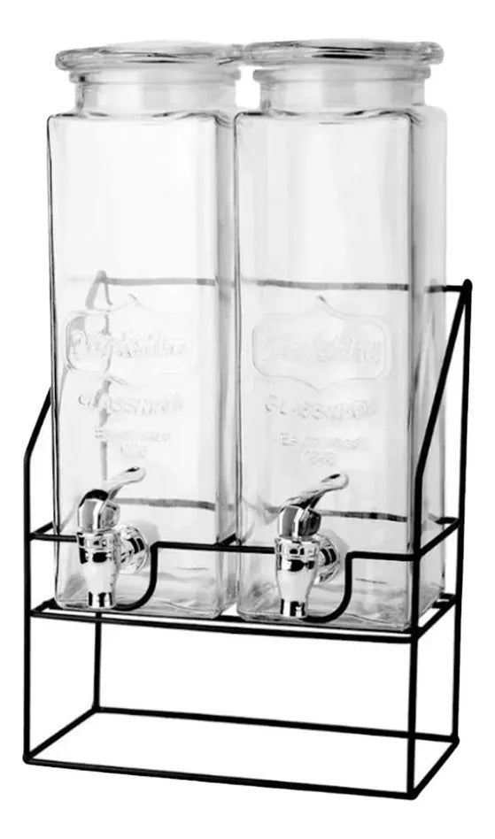 Dispensador de Bebidas de Vidrio de 1.6 Litros con Soporte Metálico y Llave, Set de 2 Frascos para Agua, Jugos y Bebidas