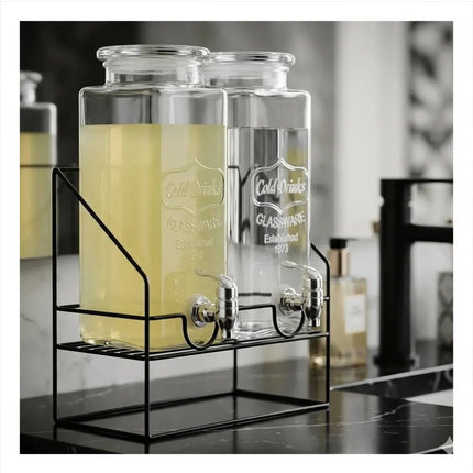 Dispensador de Bebidas de Vidrio de 1.6 Litros con Soporte Metálico y Llave, Set de 2 Frascos para Agua, Jugos y Bebidas
