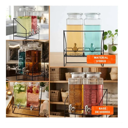 Dispensador de Bebidas de Vidrio de 1.6 Litros con Soporte Metálico y Llave, Set de 2 Frascos para Agua, Jugos y Bebidas