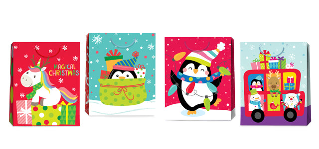 4 Bolsas de Regalo Navidad 13x10 pulg Pingüinos navideños