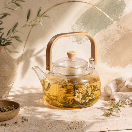 Tetera de Vidrio de Borosilicato con Infusor Removible y Tapa de Bambú, 900 ml para Té e Infusiones, Apta para Estufa de Gas y Eléctrica, Diseño Elegante y Resistente