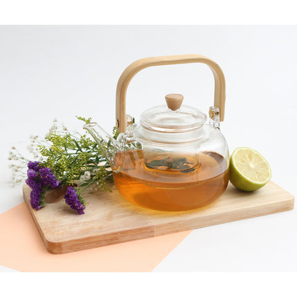 Tetera de Vidrio de Borosilicato con Infusor Removible y Tapa de Bambú, 900 ml para Té e Infusiones, Apta para Estufa de Gas y Eléctrica, Diseño Elegante y Resistente