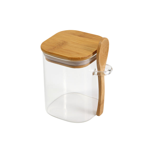 Contenedor de Vidrio de Borosilicato con Tapa de Bambú y Cuchara, Frasco Hermético de 500 ml para Café, Azúcar, Té, Especias y Alimentos, Diseño Elegante y Reutilizable