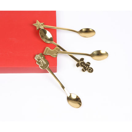 5 Set de Cubiertos Navideños 4 Piezas Cucharas con Mangos Decorativos, Diseño Bota, estrellas para Cena de Navidad