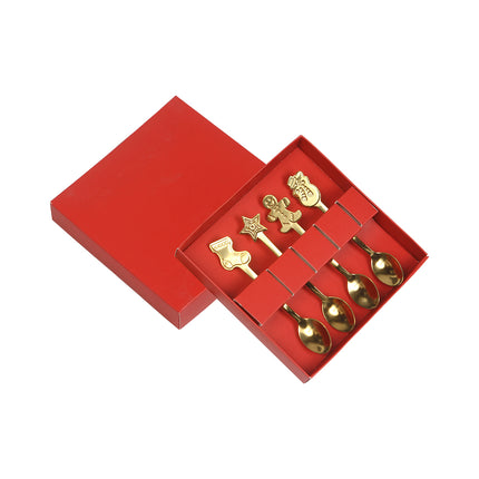 5 Set de Cubiertos Navideños 4 Piezas Cucharas con Mangos Decorativos, Diseño Bota, estrellas para Cena de Navidad