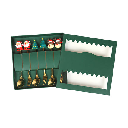 Set de Cubiertos Navideños de 6 Piezas, Cucharas y Tenedores con Mangos Decorativos, Diseño Santa Claus, Árboles y Reno, para Cena de Navidad
